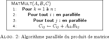 \begin{algorithm}
% latex2html id marker 63
[htbp]
\begin{algo}{6.4cm}
\FUNC{M...
...
\end{algo} \caption{Algorithme parallle du produit de matrice}\end{algorithm}